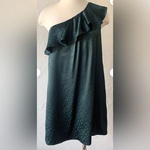 Madewell Green Polka Dot 100% Silk One Shoulder Mini Dress